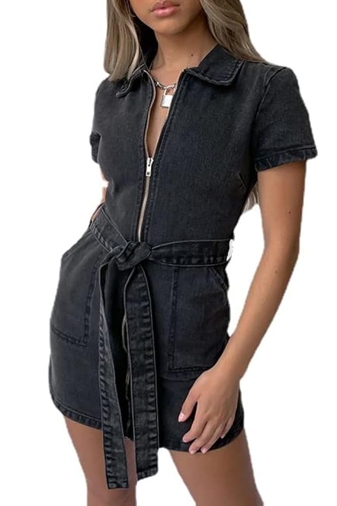 iXubem Womens Tie Waist Zipper Denim Mini Dress Casual High